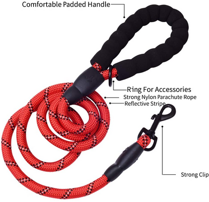 5 FT Thick Highly Reflective Dog Leash-Red