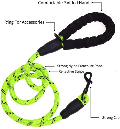 5 FT Thick Highly Reflective Dog Leash-Green